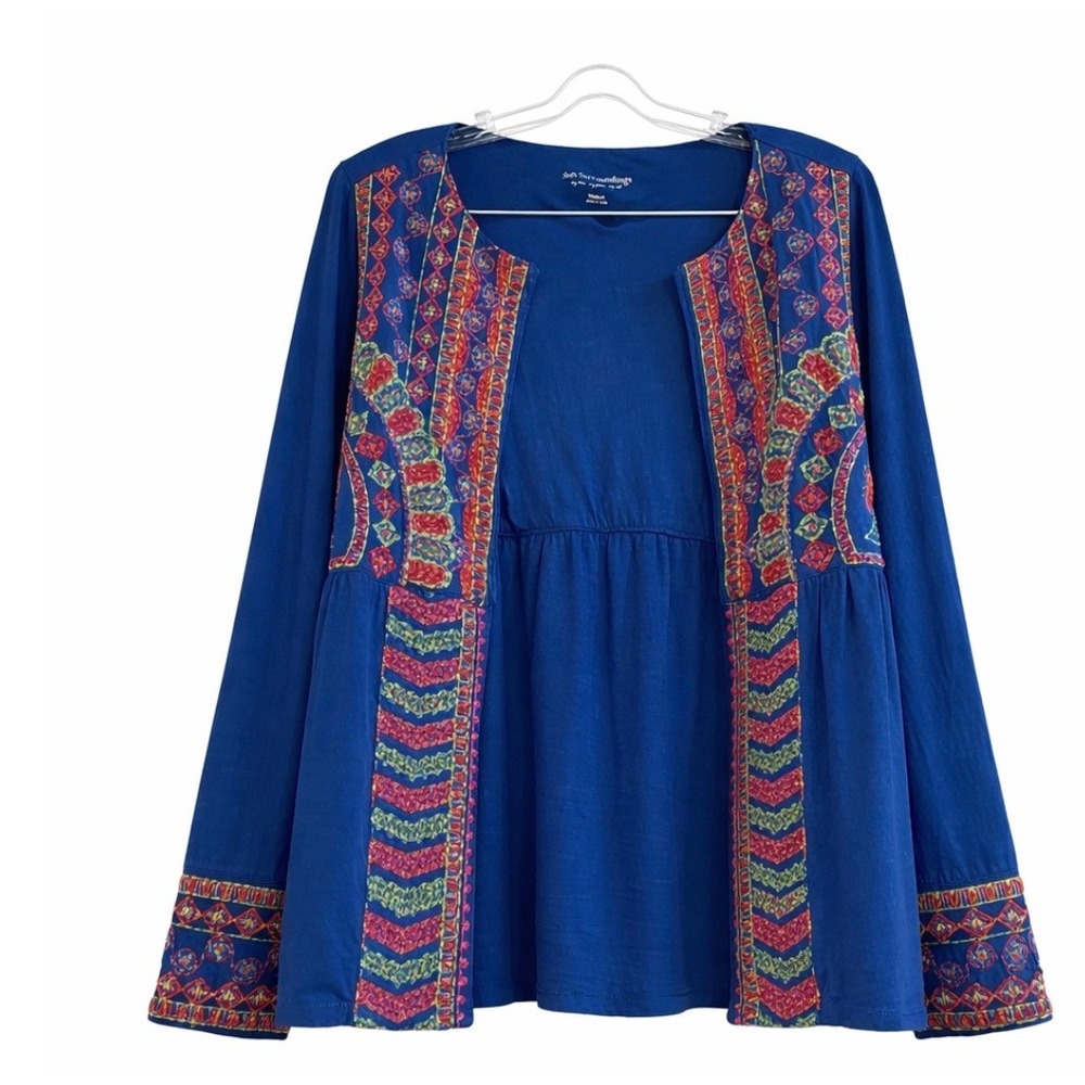 Soft Surroundings Boho Lagenlook Blue‎ Embroidered Jacket Y2K Size M